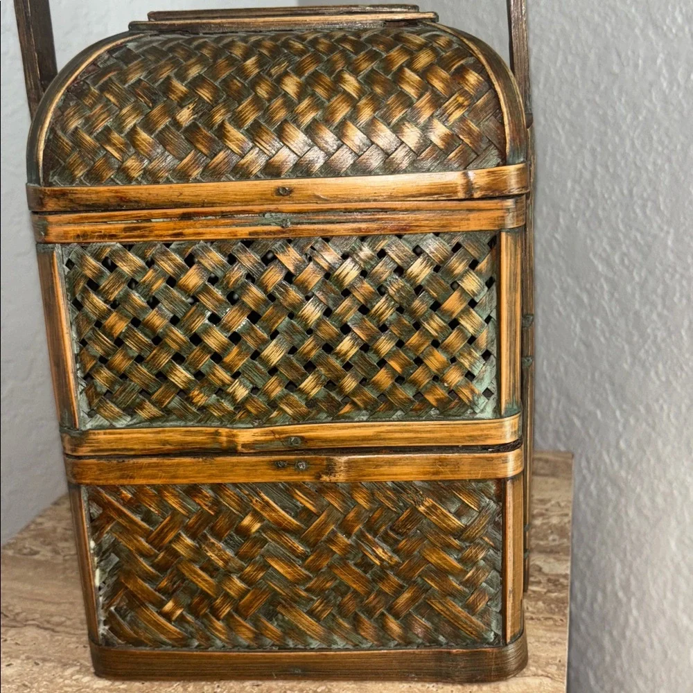 Vintage Chinese Wedding Woven Basket with Handle 2 tiers
